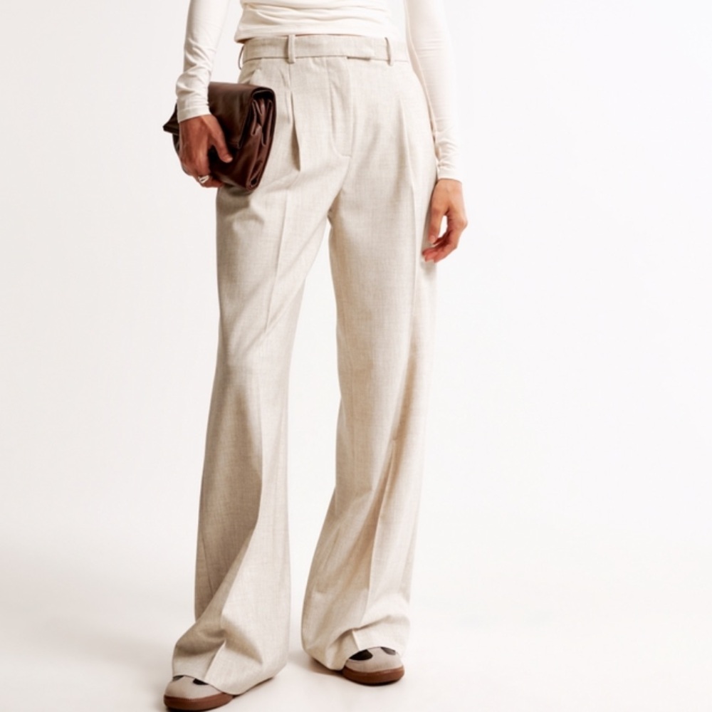 Abercrombie & Fitch Cream Linen Wide-Leg Pants - Long